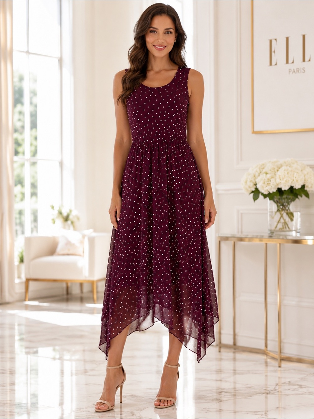 Elle Wine Polka Dot Chiffon Midi Dress Asymmetrical Hem Sleeveless NWT M